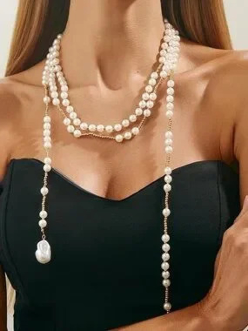 Anthropologie Gold and White Multi-Strand Pearl Lariat Necklace